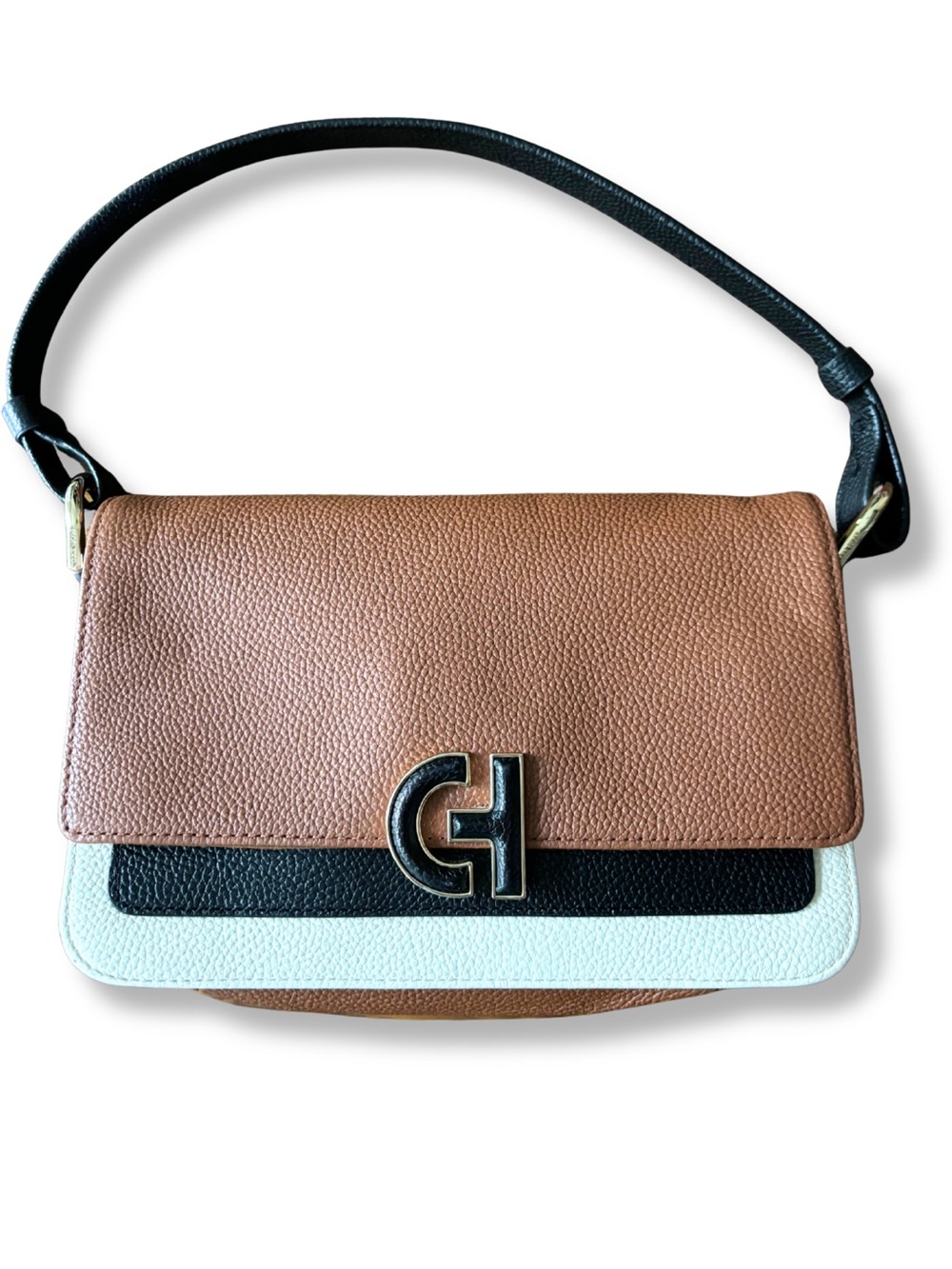 Cole Haan Colorblock Leather Shoulder Bag Brown Black Cream Gold Hardware